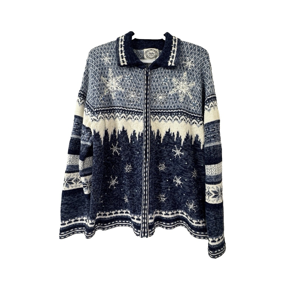 VTG Y2K Stitches Snowflake Cardigan Sweater Large Knit Embroidered Beaded Cozy